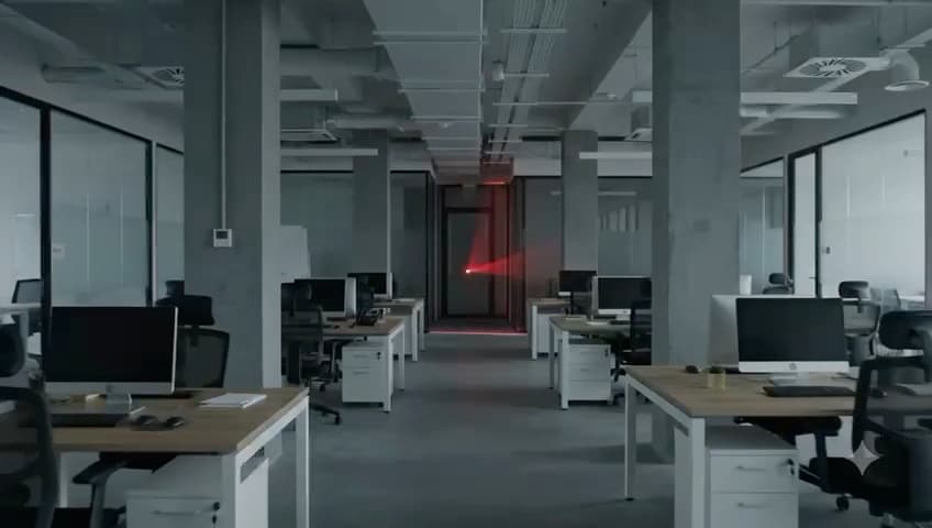 3D laser scanning of an office space, red LiDAR scanner beam sweeping the room